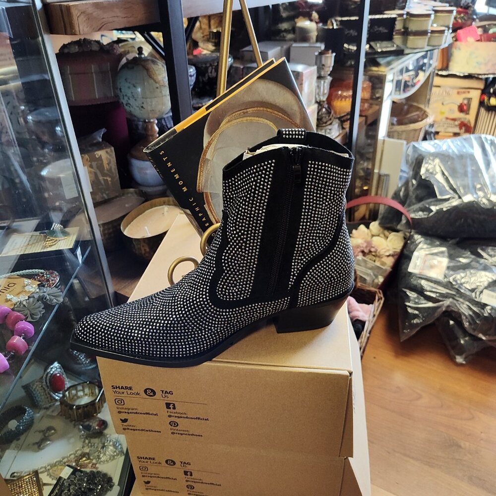 RAG COMPANY COSTELLO RINETSTONE EMBELLISHED COWBOY BOOTS BLACK - Picture 3 of 5